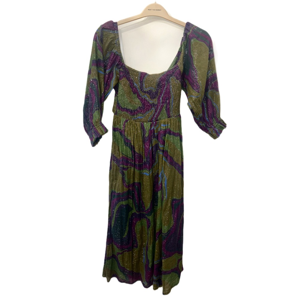 NWT Free People Marble Print Sparkle Puff Sleeve Midi Dress with tied back Small